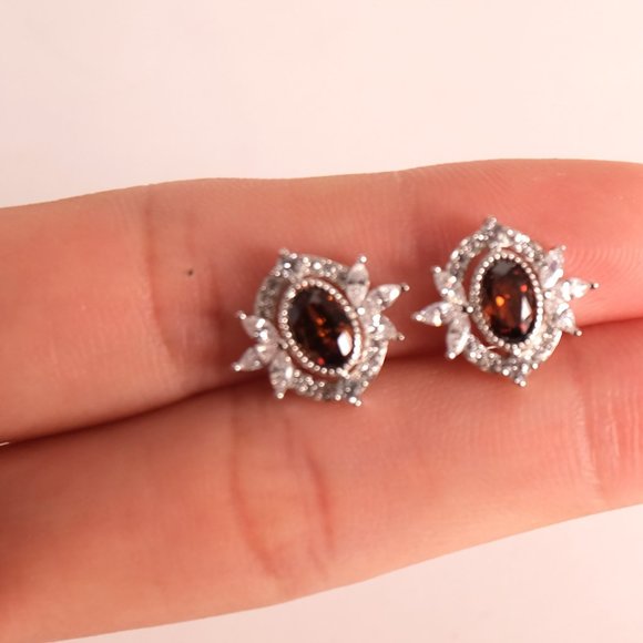 Sterling Silver Crystal Oval Stud Earrings Vintage Red Earrings Minimalist Geome - Picture 2 of 6